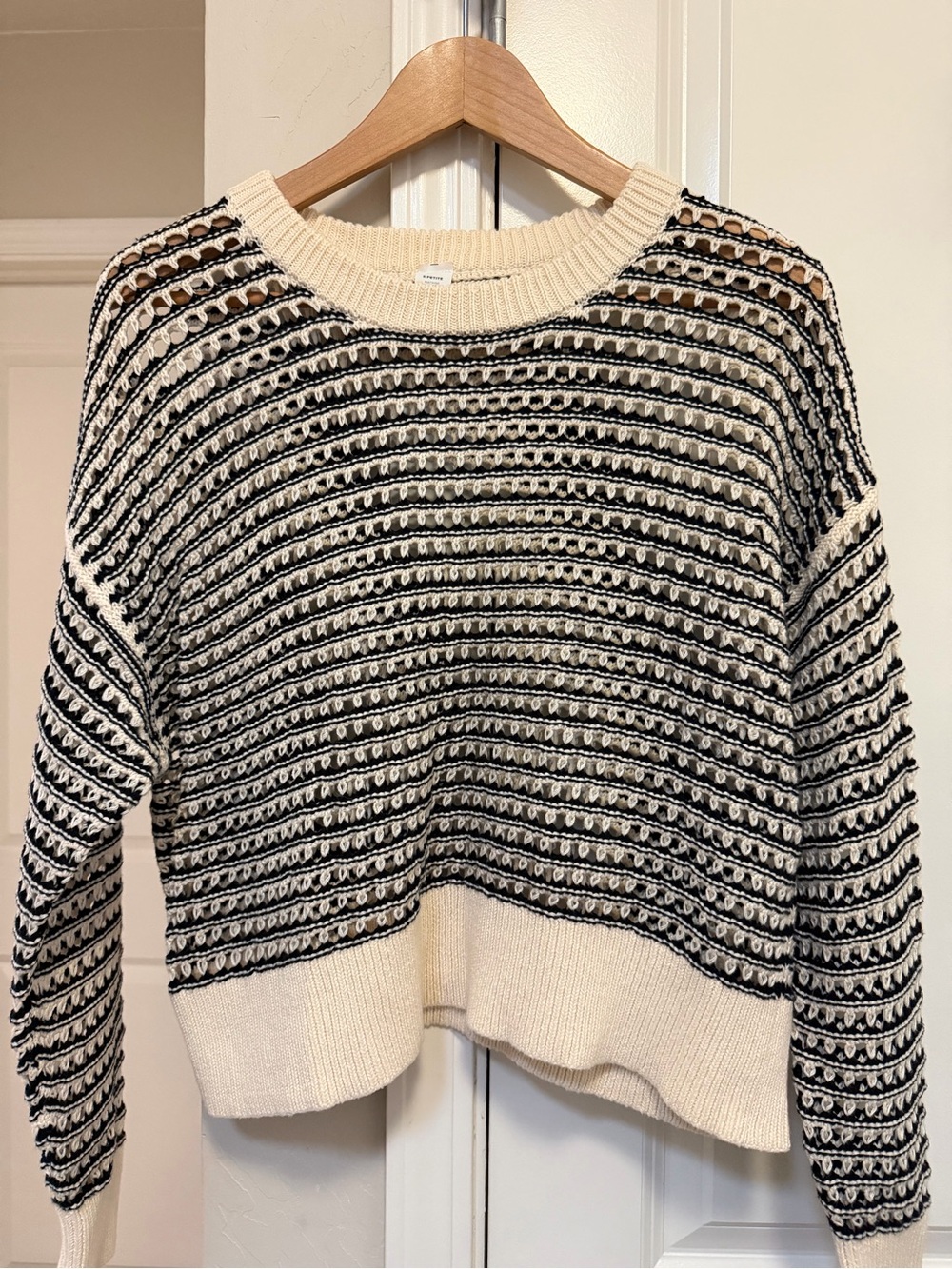 Old Navy Cream and Black Striped Open-Knit Crewneck Sweater